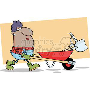 A cartoon image of a person with purple hair and wearing a red plaid shirt, overalls, green gloves, and boots, pushing a red wheelbarrow containing a saw and a shovel.