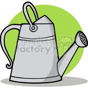 A clipart image of a gray watering can with a handle and spout, set against a green circular background.