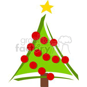 Clipart image of a comical Christmas tree with red ornaments and a yellow star on top.