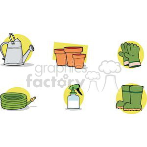 A clipart image featuring various gardening tools and equipment, including a watering can, plant pots, gardening gloves, a garden hose, a spray bottle, and garden boots.