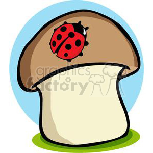 Clipart image of a ladybug sitting on top of a mushroom. The mushroom has a brown cap and a light-colored stem, while the ladybug is red with black spots.
