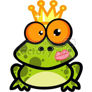 The clipart image depicts a comical, cartoon-style frog. The frog has large, bulging, orange eyes, and is wearing a golden crown with a noticeable star sparkle, indicating that it may be considered royalty or 'king' in a playful sense. The frog has a light green belly, dark green spots on its back, and is sticking its pink tongue out of its mouth in a silly manner.