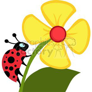 A colorful clipart image of a ladybug climbing on a yellow flower with green leaves.