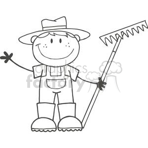 A humorous clipart illustration of a farmer holding a rake and smiling, dressed in overalls and a hat.