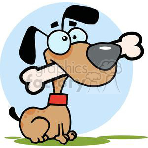 This is a cartoon image of a funny and comical dog. The dog is brown with big blue eyes and large black spots, including one covering an eye and ear. It has an exaggeratedly large bone in its mouth and a red collar around its neck. The dog is standing on a patch of green grass with a simple blue background.