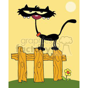 The clipart image features a comical black cat with exaggerated features. The cat has a large head with pointed ears, big white eyes with black pupils, and a prominent pair of white teeth protruding from its mouth. Its body is slender with a long, arching tail, and it's sitting atop a simple, wooden fence. The cat also has a small, red collar around its neck. The background includes a yellow sky suggesting it might be around sunset, a simplified sun shape in the upper corner, and a single, cheerful flower on the grass near the fence.