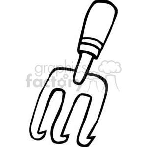 A black and white clipart image of a hand garden rake with three prongs and a short handle.