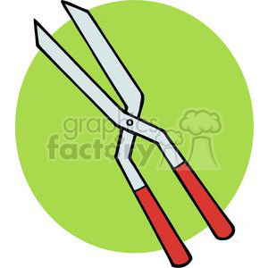 A clipart image of hedge shears with red handles against a green circular background.