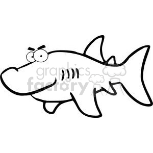 This is a black and white clipart image showcasing a funny and comical depiction of a shark. The shark has an exaggerated cartoonish look, featuring large, bulging eyes with prominent eyebrows, giving it a surprised or goofy expression. The design is simple and stylized, with the shark's body outlined in bold black lines and having the typical fins and tail of a shark.