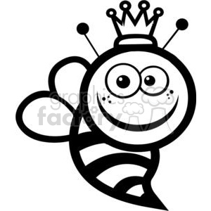 A black-and-white clipart image of a smiling bee wearing a crown with round eyes and a striped body.