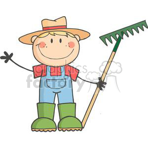 A comical and cartoonish farmer wearing a hat and boots, holding a rake.