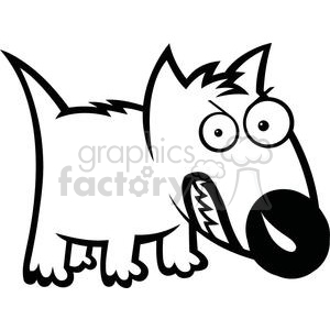 The image depicts a black and white line art of a cartoon dog that appears to be scared or protective. The dog has a notably exaggerated expression with large, wide eyes, raised eyebrows, and a mouth agape showing its teeth in a manner that could be interpreted as funny or comical. The dog's ears are pointing upwards, and its fur is jagged in some spots, suggesting it might be in a startled or defensive posture.