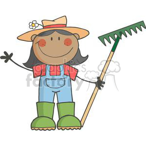 A cheerful and comical farmer cartoon character wearing overalls, a straw hat, and holding a rake.