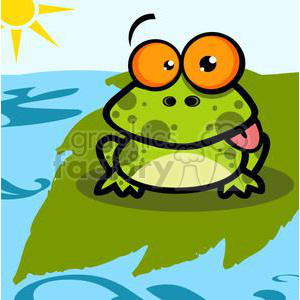 The image is a colorful clipart featuring a comical cartoon frog. The frog has big orange eyes, a wide smiling mouth with its tongue sticking out, and is sitting on a green lily pad against a background of blue water. There's a bright sun with rays in the top left corner, indicating it's a sunny day.