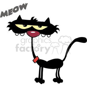   The image depicts a comical cartoon cat with exaggerated features. The cat is black with a long, slender body and a large head. It has pronounced, yellow eyes with black pupils, and thick black eyebrows. . The cat