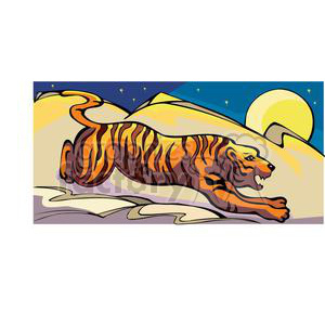 A vibrant clipart image of a tiger prowling in an abstract, colorful desert landscape under a starry night sky with a full moon. The image signifies strength, mystery, and the star sign associated with the tiger, commonly connected to Chinese astrology.