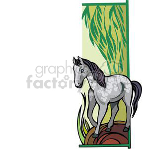 This clipart image features a stylized horse, an emblem often associated with the Chinese zodiac sign for the Year of the Horse. The horse is depicted standing on a rocky terrain with green foliage in the background, rendered in a cartoonish and colorful style.