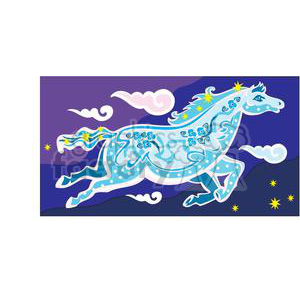 Clipart image of a celestial horse representing the Chinese zodiac sign of the Horse, illustrated in a whimsical, starry night setting with clouds and sparkling stars.
