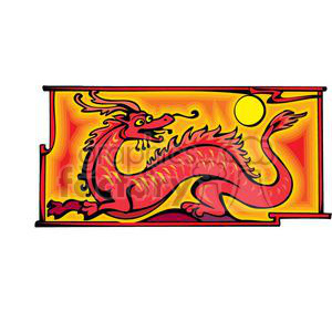 The clipart image features a red dragon with yellow detailing in a stylized form, set against a vibrant red and yellow background that appears to show swirling motions, possibly representing fire or heat. The dragon has traditional characteristics often seen in East Asian art, such as an elongated, serpentine body, horns, whiskers, and a mane. Behind the dragon, there appears to be a sun motif, adding to the fiery theme. 