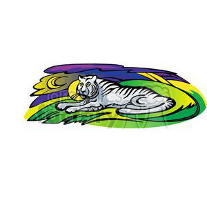 A colorful clipart image depicting a white tiger lying down. The background features a crescent moon and abstract shapes in green, yellow, and purple, suggesting a fantasy or astrological theme.