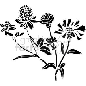 A black and white floral clipart design featuring various stylized flowers and leaves.