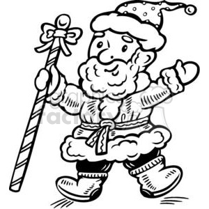 A cute and funny clipart illustration of Santa Claus, also known as Saint Nick, dressed in traditional festive attire, holding a candy cane staff with a ribbon on top.