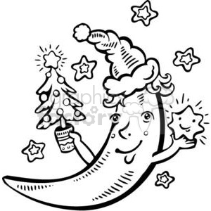 A whimsical black and white illustration featuring a crescent moon wearing a Santa hat, holding a small decorated Christmas tree and a smiling star, surrounded by additional stars.