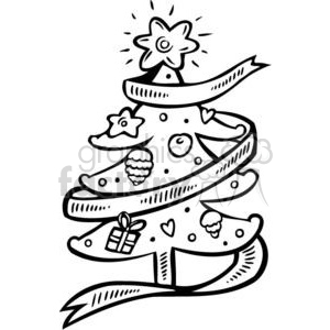 A whimsical black and white clipart illustration of a Christmas tree decorated with ornaments, a star on top, and a ribbon wrapped around it.