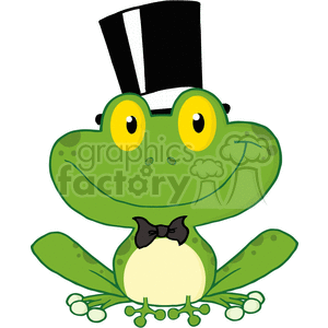 The clipart image depicts a cartoon frog wearing a black top hat and a black bow tie. The frog has a cheerful expression, big, round, yellow eyes, and is colored in various shades of green with a lighter colored belly.
