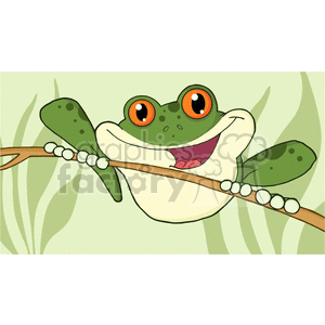 The clipart image features a cheerful cartoon frog with big, bright orange eyes, perched on a brown branch. The frog is grinning widely, showing its pink tongue, and seems to be having fun. The background has a soft, green pattern that could be indicative of leaves or a swampy environment, which is typical for frogs. 
