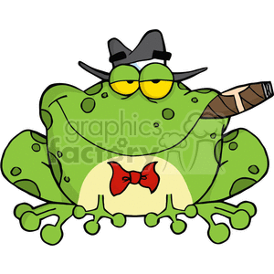 The image is a playful depiction of a cartoon frog characterized as a gangster. The frog is green with spots and has bright yellow eyes. It is wearing a black hat that resembles a fedora, commonly associated with gangster attire from classic films. The frog is also smoking a brown cigar and has a red bow tie, which adds to its humorous and caricatured gangster appearance.