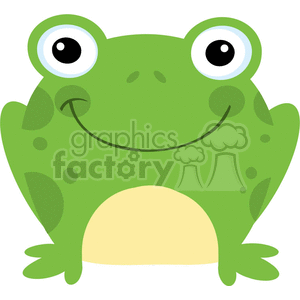 The image features a cartoon representation of a green frog. The frog has large, protruding eyes that are white with blue outlines and black pupils, contributing to an exaggerated, comical appearance. The frog's body is round and green with darker green spots scattered across its back. A lighter green colored belly area contrasts with the rest of its body. It also has a wide, curved smile, giving it a friendly and whimsical character. The frog's limbs are short with webbed feet typical of an amphibian, suitable for a habitat like a swamp.