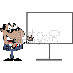 Cartoon-Businessman-Talking-Into-A-Microphone-And-Shows-His-Hand-On-A-Board