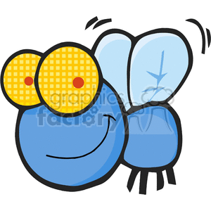 The image is a clipart illustration of a funny-looking blue fly. The fly has large, exaggerated eyes with a yellow and orange grid pattern and red pupils, a wide smiling mouth, and transparent blue wings. Antenna and legs are visible and are styled simply.