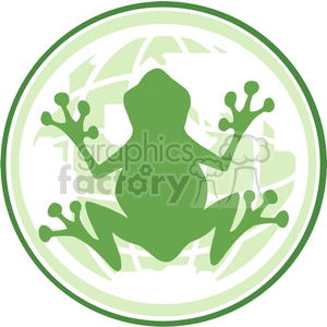 The clipart image features a stylized silhouette of a frog with its limbs splayed out. The frog is centered within a circular frame that has a pattern resembling foliage or swamp vegetation in the background. The color scheme consists of various shades of green.