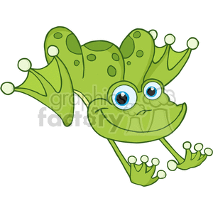 This clipart image features a cartoon-style illustration of a funny green frog. The frog appears cheerful and whimsical with large, expressive blue eyes, a wide grin, and exaggerated feet and hands with visible toes. The frog's skin is decorated with darker green spots, and its limbs are outstretched in a playful pose, which gives it a lively and dynamic look typical for comedic and light-hearted designs.