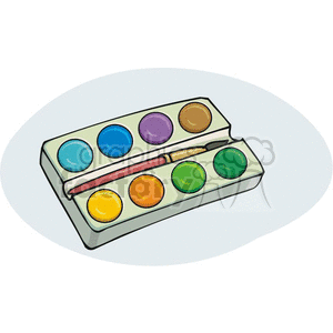 A clipart image of a watercolor paint set with multiple colors on an oval background, featuring a paintbrush.