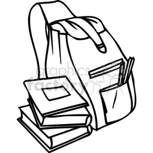 Black and white outline of a backpack and books