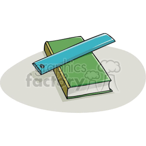 A clipart image of a green textbook with a blue ruler placed diagonally on top.