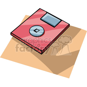 Colorful clipart of a red floppy disk on a brown background.