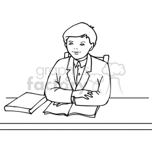 Black and white outline of a student sitting at a desk