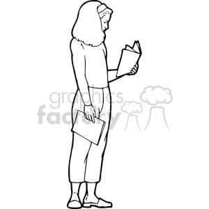 Black and white outline of a girl reading notes