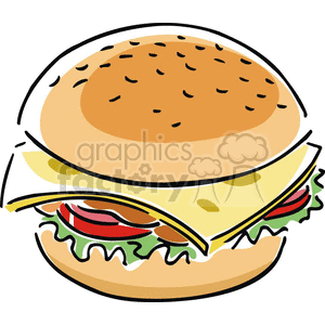 A clipart illustration of a cheese roll with a sesame seed bun, cheese slice, lettuce and tomato.