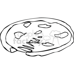 A black and white clipart illustration of a whole pizza with various toppings.