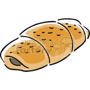 A clipart image of a brown, crescent-shaped bread roll with a few dark spots indicating seeds or grains on the surface.