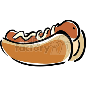 A colorful clipart image of a hot dog with mustard in a bun.
