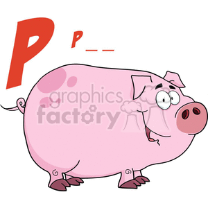 A cartoon illustration of a cheerful, plump pig with large eyes and a curly tail, accompanied by the letter 'P' and underscores, suggesting the word 'pig'.