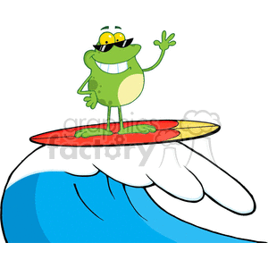 This clipart image features a green frog with a yellow belly, wearing sunglasses. The frog is striking a cheerful and confident pose while standing on a red surfboard which is positioned at the crest of a stylized blue and white ocean wave.