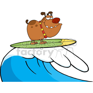 The clipart image depicts a whimsical brown dog wearing a red collar with yellow dots, standing on a green and yellow surfboard. The dog appears to be happily surfing a large blue and white wave.