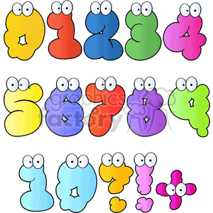 Colorful and funny cartoon numbers with eyes forming expressions, including a question mark and plus symbol.